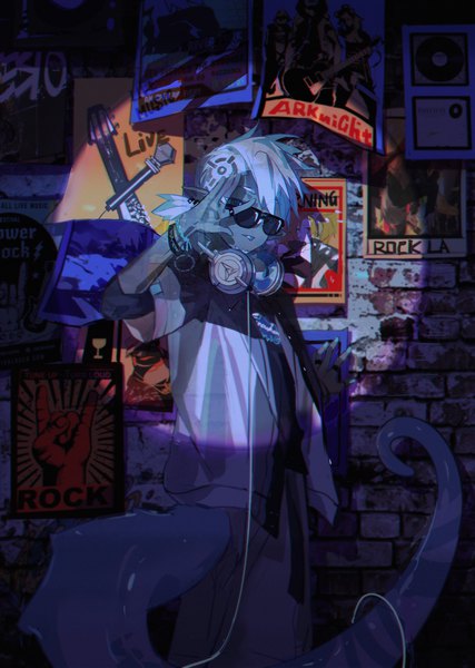 Anime picture 1424x2000 with arknights ethan (arknights) kanose single tall image looking at viewer short hair standing outdoors white hair tail animal tail arm up against wall headphones around neck brick wall boy headphones ring sunglasses