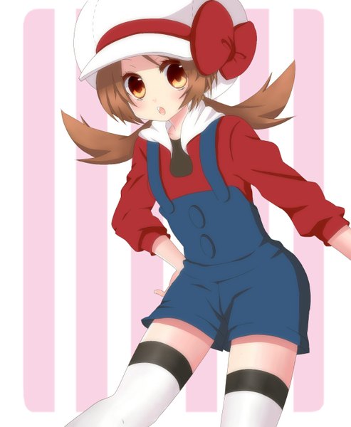 Anime picture 1150x1400 with pokemon pokemon heartgold and soulsilver nintendo lyra (pokemon) single tall image blush short hair open mouth brown hair twintails orange eyes hand on hip short twintails striped striped background girl thighhighs bow hat