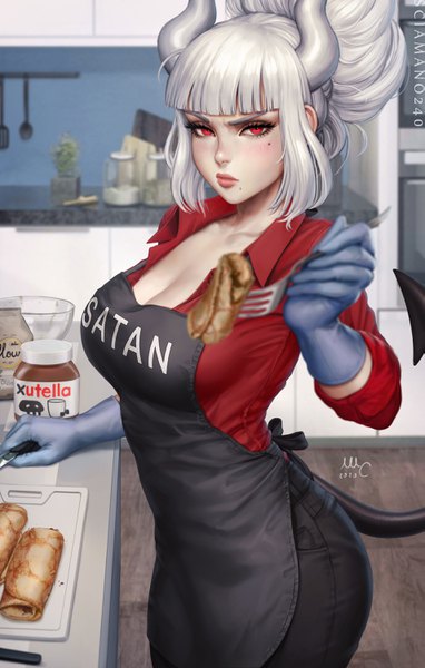 Anime picture 1909x3000 with helltaker lucifer (helltaker) sciamano240 single tall image looking at viewer blush fringe highres short hair breasts red eyes large breasts standing holding signed payot cleavage white hair indoors