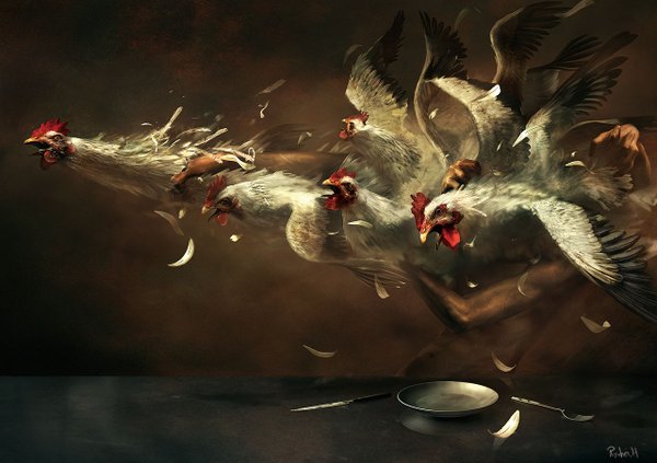 イラスト 1280x904 と オリジナル ryohei hase 壁紙 男性 動物 鳥 机 ナイフ お皿 フォーク (食器) rooster chicken