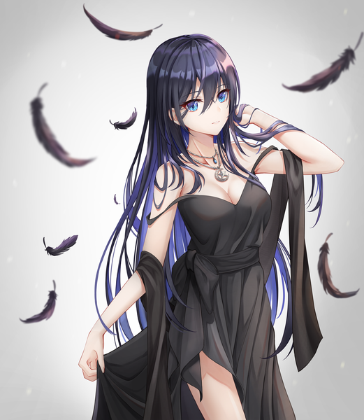 Anime picture 3300x3800 with original star-ring single long hair tall image fringe highres breasts blue eyes light erotic black hair simple background hair between eyes standing bare shoulders blue hair looking away absurdres cleavage parted lips