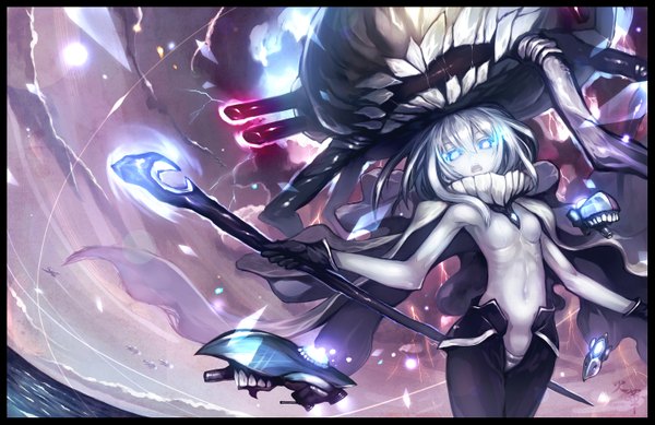 Anime picture 2842x1846 with kantai collection wo-class aircraft carrier capriccio single long hair highres open mouth light erotic cloud (clouds) aqua eyes grey hair teeth covered navel glowing glowing eye (eyes) pale skin framed glow lightning shinkaisei-kan