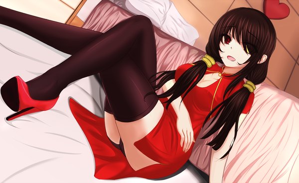 Anime picture 1830x1122 with date a live tokisaki kurumi single long hair looking at viewer highres open mouth light erotic black hair wide image pantyshot heterochromia crossed legs chinese clothes pantyshot sitting girl thighhighs underwear panties black thighhighs