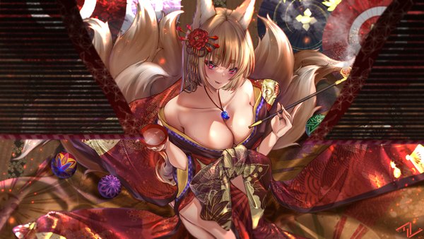 Anime picture 5120x2880 with original moe2021 nolmo (vanitas0) single long hair looking at viewer blush fringe highres breasts light erotic red eyes brown hair wide image large breasts sitting bare shoulders holding signed animal ears