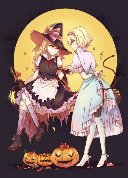 Anime picture 1800x2500 with touhou kirisame marisa alice margatroid aili (aliceandoz) long hair tall image fringe highres short hair blue eyes blonde hair hair between eyes standing multiple girls yellow eyes full body tail braid (braids) profile light smile