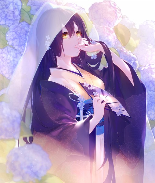 Anime picture 1180x1394 with original miyuki (miyuki0529) single long hair tall image looking at viewer fringe black hair hair between eyes standing holding yellow eyes traditional clothes japanese clothes wide sleeves slit pupils hand to mouth girl flower (flowers) kimono