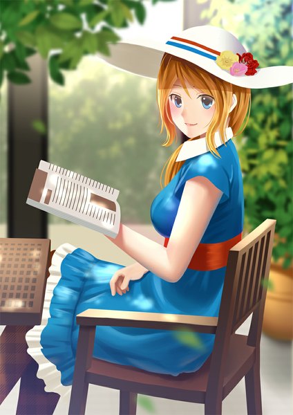Anime picture 810x1146 with original kurei mamoru single long hair tall image blush blue eyes blonde hair sitting girl dress hat book (books)