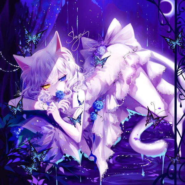 Anime picture 3600x3600 with original sheya single long hair looking at viewer fringe highres blue eyes hair between eyes signed animal ears yellow eyes absurdres white hair tail lying nail polish animal tail cat ears cat girl