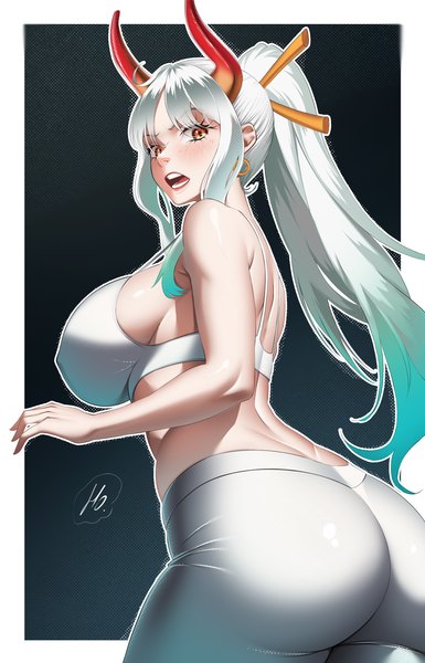 Anime picture 1444x2250 with one piece toei animation yamato (one piece) ho haiiro single long hair tall image looking at viewer breasts open mouth light erotic simple background red eyes large breasts ass white hair ponytail horn (horns) midriff border