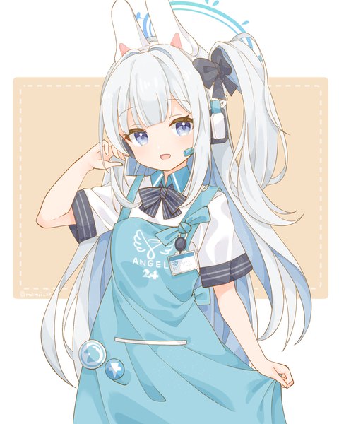 Anime picture 2000x2500 with blue archive miyako (blue archive) saekiya sabou single long hair tall image highres open mouth blue eyes standing animal ears silver hair :d loli one side up official alternate costume fake animal ears outside border angel's 24 uniform (blue archive) girl