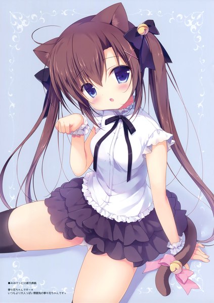 Anime picture 2679x3800 with miyasaka miyu single long hair tall image looking at viewer blush highres open mouth blue eyes light erotic brown hair twintails animal ears tail animal tail cat ears scan cat girl cat tail girl