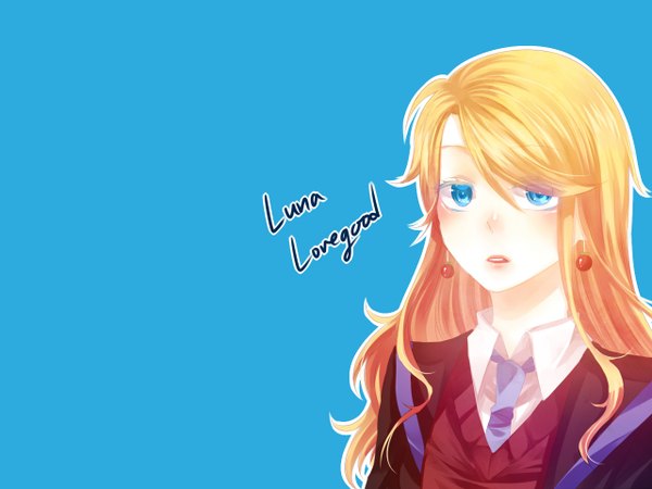 Anime picture 1280x960 with harry potter luna lovegood long hair blue eyes simple background blonde hair blue background girl uniform school uniform earrings necktie jacket sweater