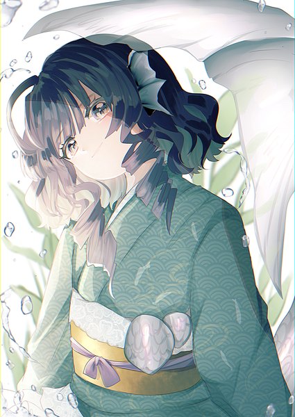 Anime picture 2507x3541 with touhou wakasagihime uchisaki himari single tall image looking at viewer fringe highres short hair black hair ahoge traditional clothes head tilt japanese clothes drill hair monster girl seigaiha girl water kimono