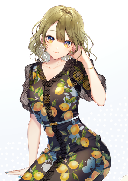 Anime picture 868x1228 with original momoshiki tsubaki single tall image looking at viewer fringe short hair blue eyes blonde hair simple background smile hair between eyes white background sitting yellow eyes nail polish arm support adjusting hair polka dot multicolored eyes