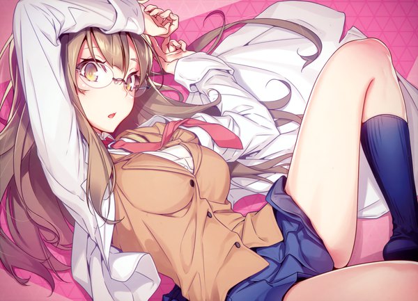 Anime picture 2880x2080 with seishun buta yarou cloverworks futaba rio nilitsu single long hair looking at viewer blush fringe highres breasts open mouth light erotic hair between eyes brown hair yellow eyes long sleeves scan hand on head girl