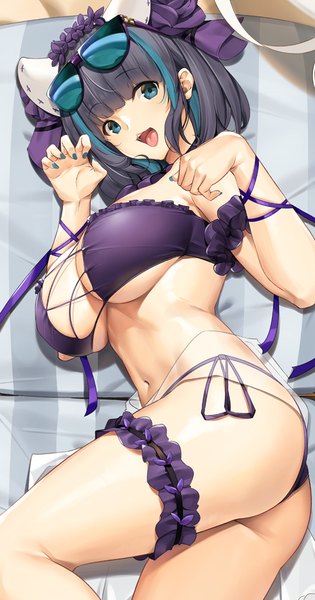 Anime picture 525x1000 with azur lane cheshire (azur lane) cheshire (summery date!) (azur lane) tony guisado single tall image looking at viewer blush fringe short hair breasts open mouth light erotic black hair smile large breasts ass lying blunt bangs nail polish