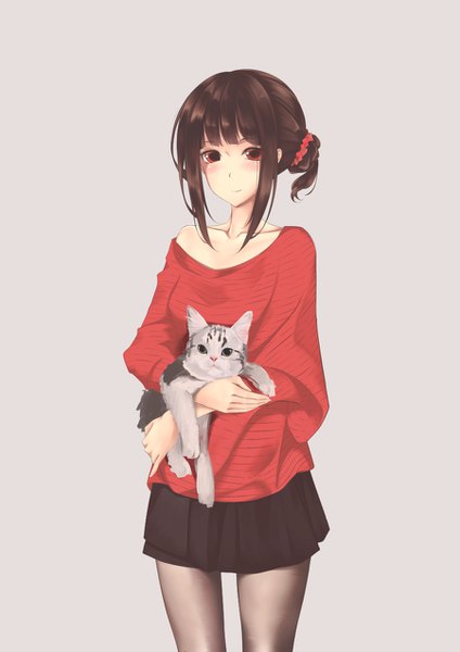 Anime picture 900x1273 with original rure tall image looking at viewer blush fringe short hair simple background red eyes brown hair standing holding payot pleated skirt light smile grey background hair bun (hair buns) girl skirt animal