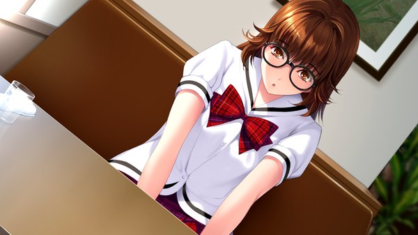 Anime picture 1280x720 with ai shimai iv fujimura kiyomi (ai shimai iv) ichikawa saasha single long hair looking at viewer blush open mouth brown hair wide image sitting brown eyes game cg plaid girl skirt uniform plant (plants) school uniform shirt