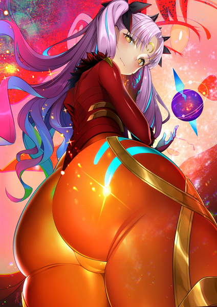 Anime picture 1100x1556 with fate (series) fate/grand order ishtar (fate) space ishtar (fate) alcoholrang single long hair tall image looking at viewer blush fringe light erotic standing yellow eyes pink hair ass looking back multicolored hair from behind from below