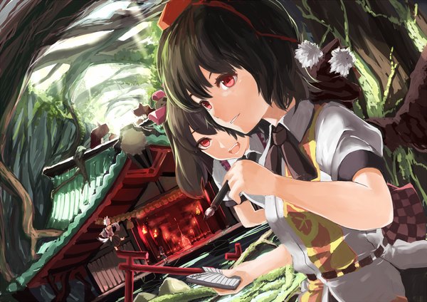 Anime picture 1200x848 with touhou shameimaru aya inubashiri momiji himekaidou hatate nazrin rikkido looking at viewer short hair open mouth black hair red eyes multiple girls checkered skirt girl dress skirt plant (plants) hat wings tree (trees)