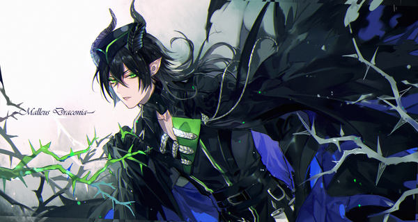 Anime picture 3000x1600 with twisted wonderland malleus draconia nevakuma (fanfanas) single long hair looking at viewer fringe highres black hair hair between eyes wide image green eyes upper body horn (horns) pointy ears character names boy hat