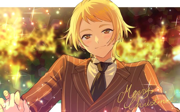 Anime picture 1637x1021 with tokimeki memorial girl's side 4th heart honda iku sakuro looking at viewer blush short hair blonde hair smile wide image brown eyes upper body sparkle lens flare christmas letterboxed solo focus outside border merry christmas boy necktie