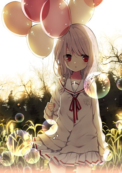 Anime picture 850x1200 with original rugo single long hair tall image blush red eyes holding looking away sky white hair braid (braids) albino girl uniform ribbon (ribbons) plant (plants) tree (trees) serafuku grass