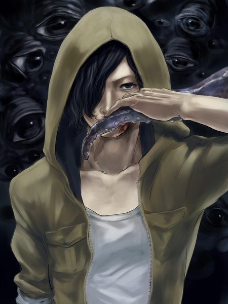 Anime picture 1500x2000 with direngrey komainu tasuku single tall image looking at viewer fringe short hair black hair black eyes hair over one eye twisty sleeves eyes boy hood blood zipper tentacles octopus