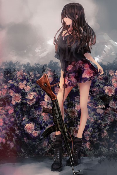 Anime picture 1053x1579 with original efl ite single long hair tall image fringe brown hair standing holding full body profile off shoulder floral print lace-up boots skirt hold girl skirt flower (flowers) weapon boots
