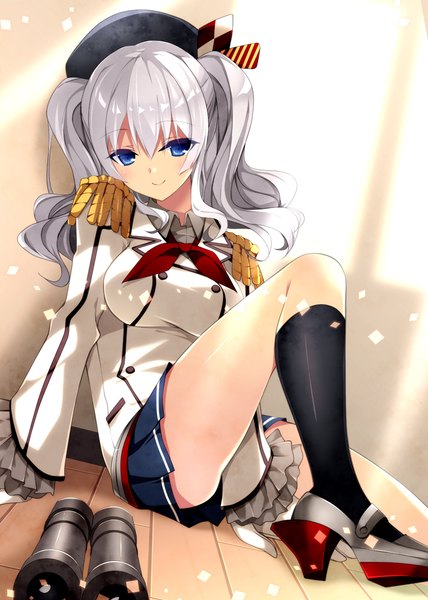 Anime picture 713x1000 with kantai collection kashima training cruiser kobayashi chisato single long hair tall image looking at viewer blue eyes light erotic smile silver hair legs girl skirt uniform miniskirt socks black socks epaulettes binoculars