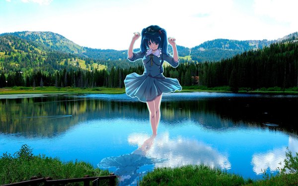 Anime picture 1920x1200 with touhou kawashiro nitori single long hair highres blue eyes wide image twintails blue hair reflection mountain weightlessness photo background girl flat cap