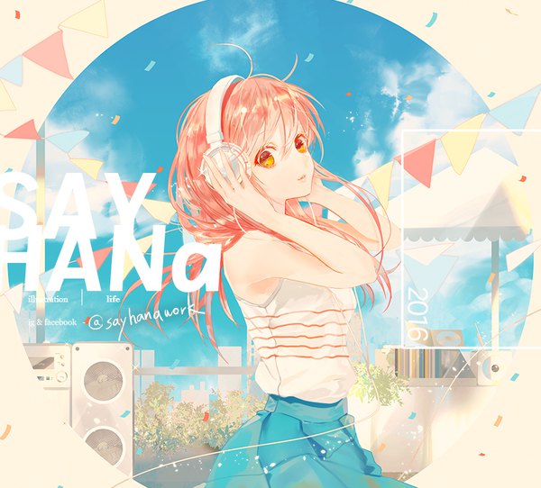 Anime picture 828x748 with original say hana single long hair looking at viewer bare shoulders signed pink hair sky cloud (clouds) orange eyes twitter username summer hand on headphones 2016 girl skirt headphones confetti string of flags