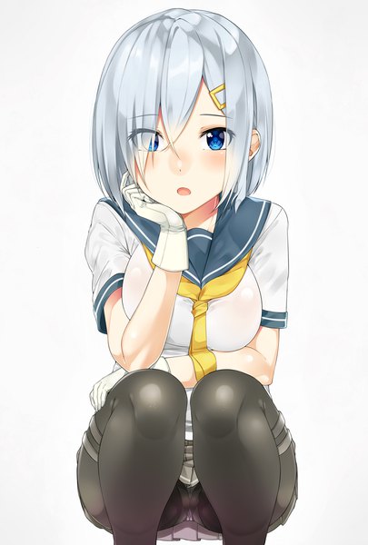 Anime picture 810x1200 with kantai collection hamakaze destroyer nezumidoshi single tall image looking at viewer blush fringe short hair breasts open mouth blue eyes light erotic simple background white background silver hair hair over one eye squat girl gloves