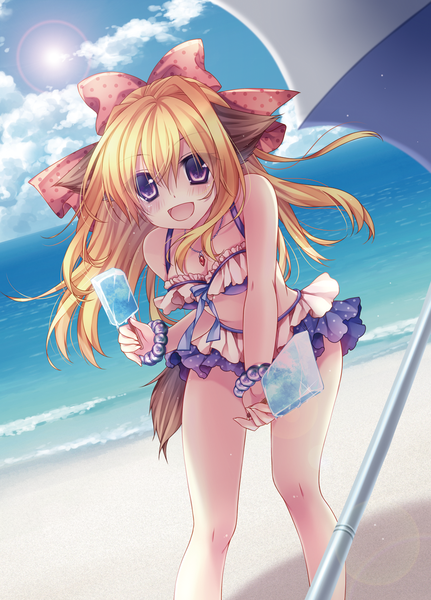 Anime picture 1000x1391 with original mikazuki sara single long hair tall image looking at viewer blush open mouth light erotic blonde hair purple eyes animal ears sky cloud (clouds) beach girl bow hair bow food sweets