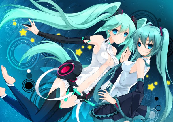 Anime picture 1417x1001 with vocaloid vocaloid append hatsune miku hatsune miku (append) juna long hair blue eyes twintails multiple girls aqua hair girl thighhighs black thighhighs 2 girls detached sleeves necktie star (symbol) star (stars)
