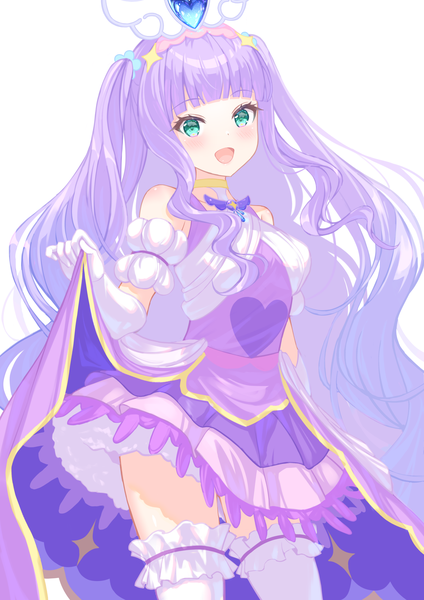 Anime picture 1500x2121 with precure hirogaru sky! precure toei animation ellee-chan cure majesty usamaru67pi single long hair tall image looking at viewer blush fringe open mouth simple background standing white background green eyes purple hair blunt bangs :d
