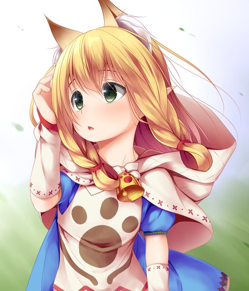 Anime picture 857x1000 with monster hunter nekojo haryuu (poetto) single long hair tall image blush fringe open mouth blonde hair green eyes animal ears looking away outdoors braid (braids) wind pointy ears short sleeves fox ears twin braids