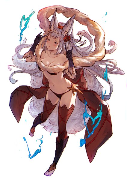 Anime-Bild 1202x1700 mit granblue fantasy socie (granblue fantasy) hanarito single long hair tall image looking at viewer blush fringe breasts light erotic large breasts standing white background bare shoulders brown eyes animal ears payot full body tail