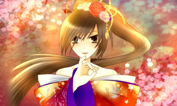 Anime picture 1500x900 with original itsuki0v0 (artist) long hair black hair wide image bare shoulders brown eyes ponytail japanese clothes girl hair ornament flower (flowers) yukata