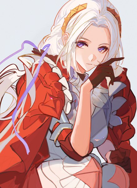 Anime picture 1200x1648 with fire emblem fire emblem: three houses fire emblem warriors: three hopes nintendo edelgard von hresvelg satsuya single long hair tall image looking at viewer simple background sitting purple eyes white hair girl gloves hair ornament black gloves