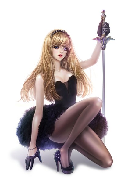 Anime picture 700x1000 with original eliz7 single long hair tall image looking at viewer fringe simple background blonde hair white background purple eyes high heels legs squat girl dress gloves weapon pantyhose black gloves