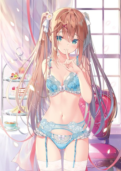 Anime picture 1357x1920 with original miwabe sakura single long hair tall image looking at viewer blush fringe light erotic hair between eyes brown hair standing twintails bare shoulders payot indoors hair flower aqua eyes light smile scan