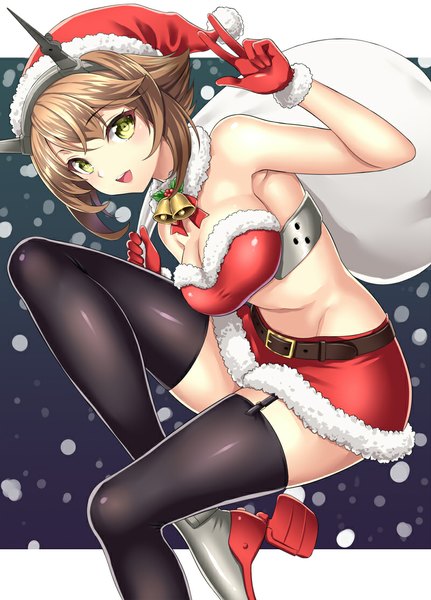 Anime picture 800x1112 with kantai collection mutsu battleship kase daiki single tall image blush short hair open mouth light erotic smile brown hair yellow eyes armpit (armpits) fur trim victory snowing christmas girl thighhighs gloves