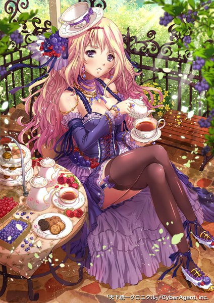 Anime picture 800x1131 with tenkuu no crystalia sakiyamama single long hair tall image looking at viewer blush fringe breasts light erotic blonde hair hair between eyes large breasts sitting purple eyes bare shoulders holding cleavage outdoors parted lips
