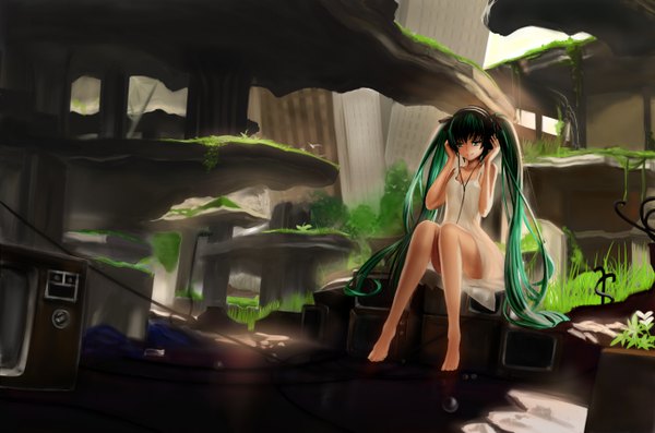 Anime picture 1366x904 with vocaloid hatsune miku alphonse (white datura) single long hair sitting twintails barefoot aqua eyes green hair girl headphones sundress wire (wires) television