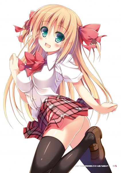 Anime picture 1440x2048 with nozomi tsubame single long hair tall image looking at viewer blush open mouth blue eyes light erotic blonde hair white background scan two side up girl thighhighs skirt uniform bow black thighhighs hair bow