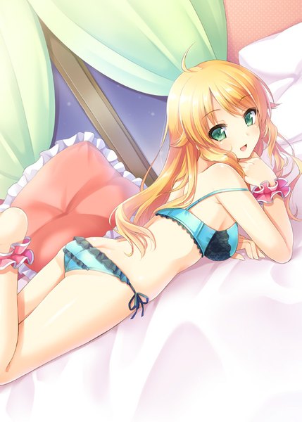 Anime picture 600x839 with idolmaster idolmaster (classic) hoshii miki k.y ko single long hair tall image looking at viewer blush open mouth light erotic blonde hair smile green eyes ahoge lying :d night dutch angle night sky