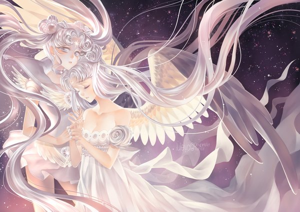 Anime picture 1558x1101 with bishoujo senshi sailor moon toei animation tsukino usagi princess serenity sailor cosmos luleiya looking at viewer blue eyes twintails bare shoulders multiple girls silver hair white hair eyes closed very long hair pleated skirt wind hair bun (hair buns) hug holding hands