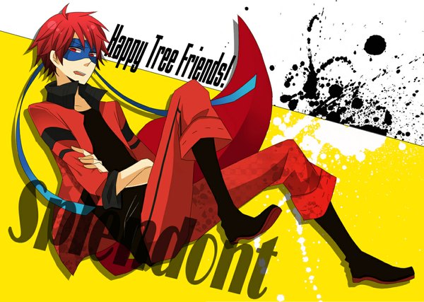 Anime picture 1114x793 with happy tree friends splendont tou garashi short hair open mouth red eyes sitting red hair inscription wallpaper crossed arms personification boy mask