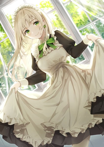 Anime picture 870x1230 with original rangu single long hair tall image looking at viewer blush fringe breasts blonde hair smile standing green eyes indoors blunt bangs long sleeves sunlight blurry maid dutch angle